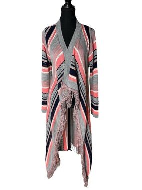 SAY WHAT Vintage Open Front Long Knit Cardigan Duster Fringe Stripes Size Small